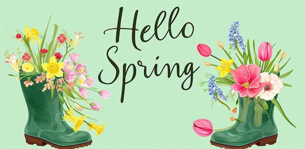Botas de borracha verdes com flores O conceito de primavera e decoração floral