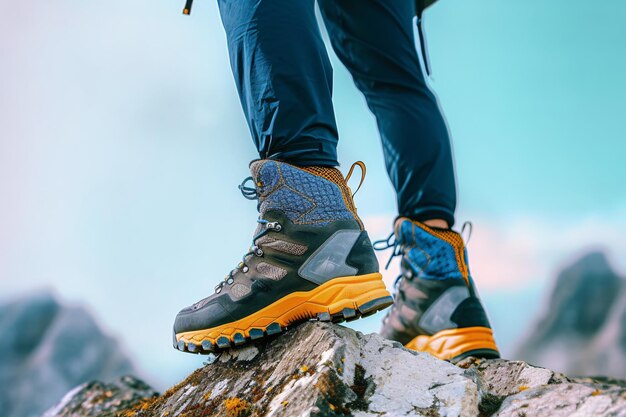 botas de caminhada andando no topo de uma montanha