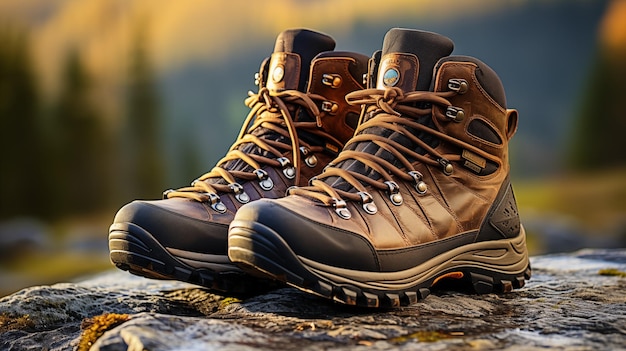 Botas de caminhada em uma bandeira de trilha de montanha com lugar para texto