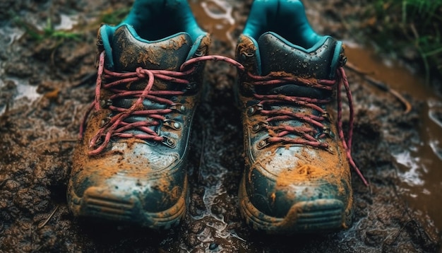 Botas de caminhada enlameadas amarradas para aventura gerada por IA