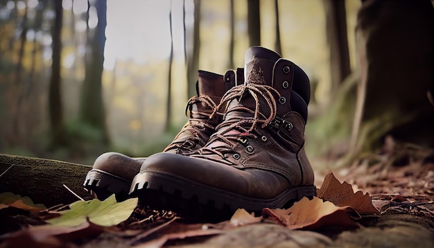 Botas de caminhada na floresta Generative AI