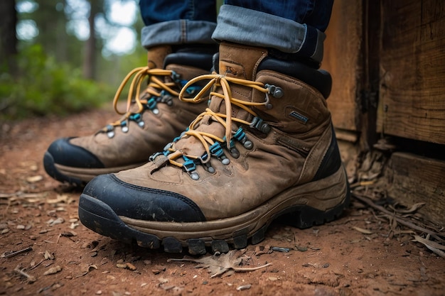 Botas de caminhada robustas em convés de madeira