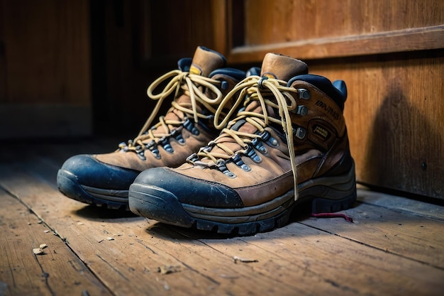 Botas de caminhada robustas em convés de madeira