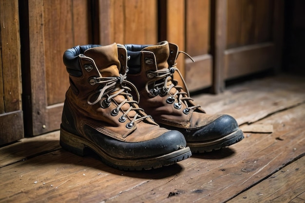 Botas de caminhada robustas em convés de madeira