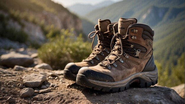 Botas de caminhada robustas numa trilha de montanha ao pôr-do-sol