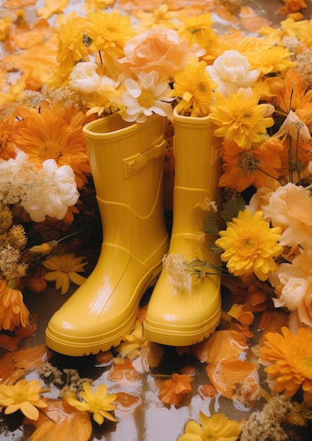 Foto botas de chuva amarelas com flores amarelas