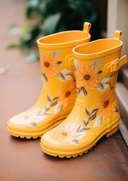 Foto botas de chuva amarelas com flores e folhas