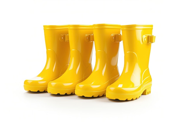 Foto botas de chuva amarelas em fundo branco