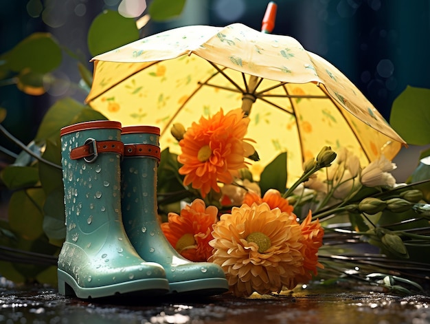 Botas de chuva com guarda-chuva