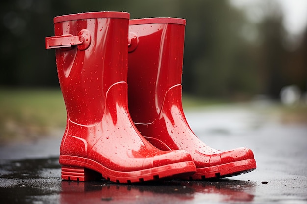 Botas de chuva vermelhas na rua