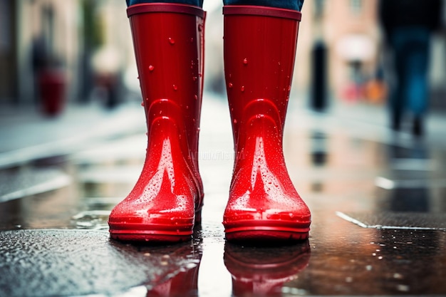 Botas de chuva vermelhas na rua