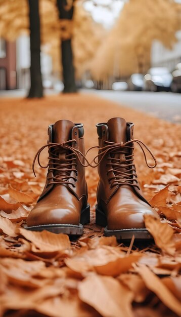 Foto botas de couro cobertas de folhas de outono em um fundo desfocado