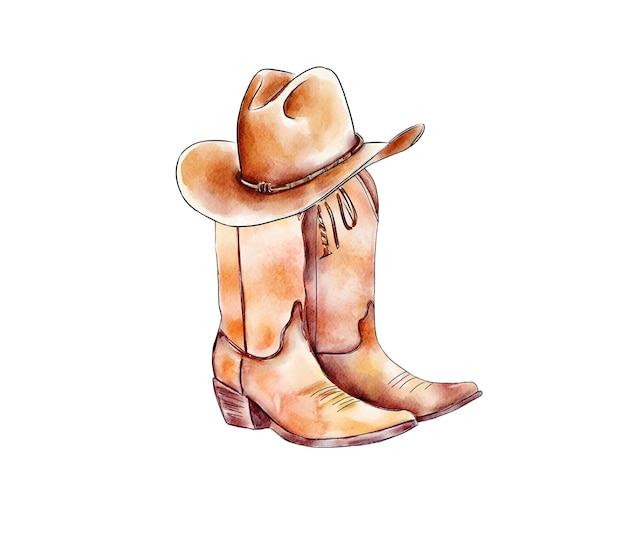 Botas de cowboy aquareladas e um chapéu Pintura isolada em fundo branco