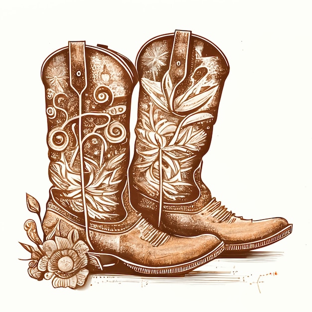 Foto botas de cowboy com flores e folhas em um fundo branco