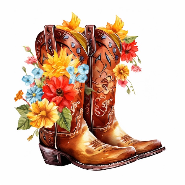 Botas de cowboy com flores e folhas são mostradas generativas ai