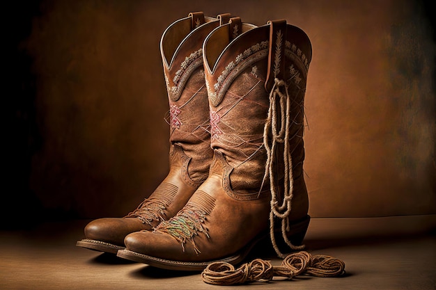 Foto botas de cowboy marrons gastas com decorações de corda na frente