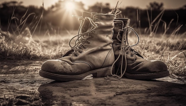 Botas de escalada de couro velhas sujas de aventuras ao ar livre na natureza geradas por inteligência artificial