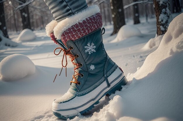 Foto botas de neve profunda em neve grossa no inverno frio sapatos bonitos para se aquecer