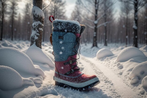 Foto botas de neve profunda em neve grossa no inverno frio sapatos bonitos para se aquecer