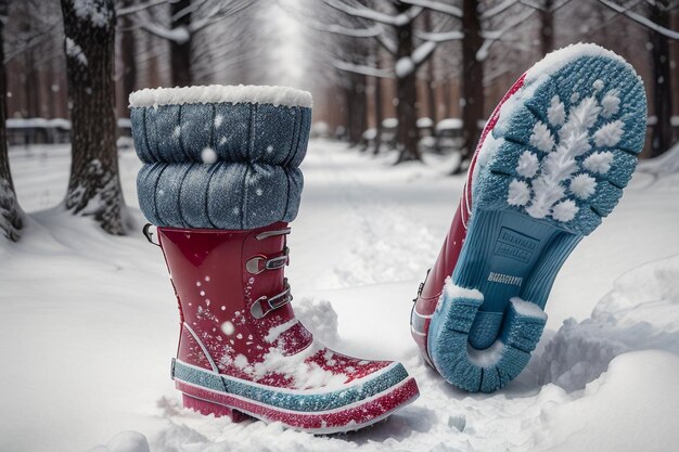 Foto botas de neve profunda em neve grossa no inverno frio sapatos bonitos para se aquecer