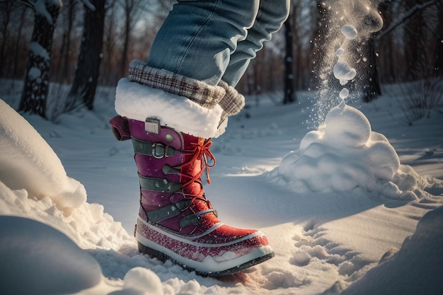 Foto botas de neve profunda em neve grossa no inverno frio sapatos bonitos para se aquecer