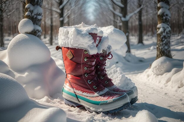 Foto botas de neve profunda em neve grossa no inverno frio sapatos bonitos para se aquecer