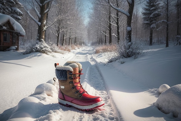 Botas de neve profunda na neve espessa no inverno frio, lindos sapatos para se aquecer