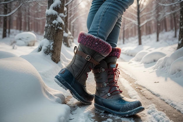 Botas de neve profunda na neve espessa no inverno frio sapatos bonitos para se aquecer