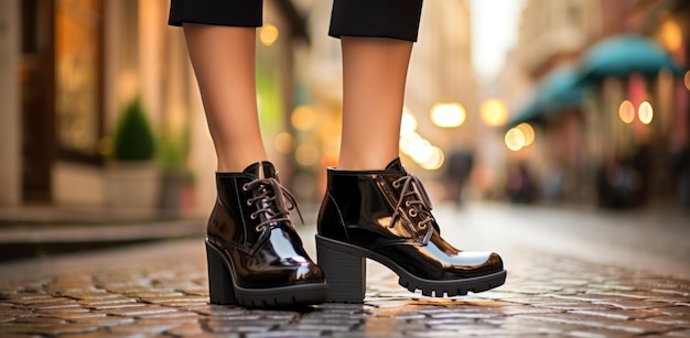 botas de tornozelo pretas de uma mulher caminhando pela rua