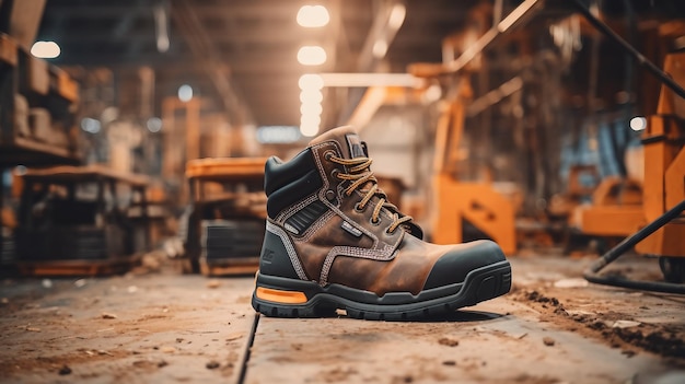 Botas de trabalho apoiadas em paletes em ambiente industrial Dia do Trabalho