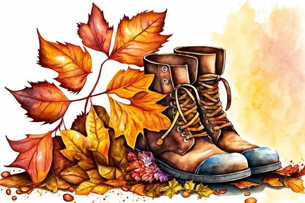 Foto botas em pé sobre um monte de outono deixam ia generativa