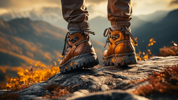 Botas de excursionista sobre una roca en las montañas Generative Ai