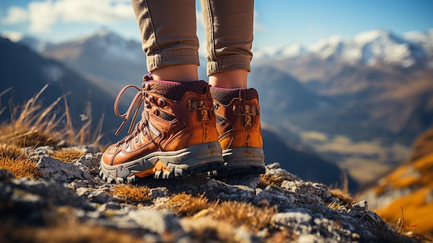 Botas de excursionista sobre una roca en las montañas Generative Ai