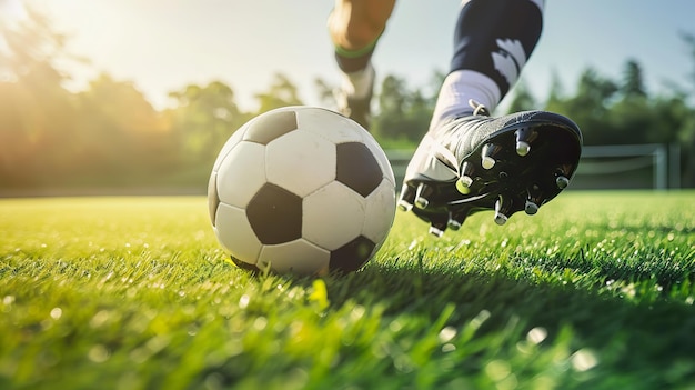 Botas de fútbol en acción Vista lateral de patear con la pelota de fútbol