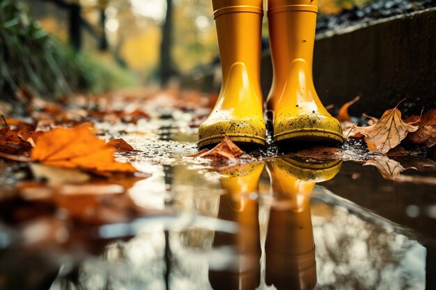 Foto botas de goma amarillas con hojas de otoño y charco en el parque