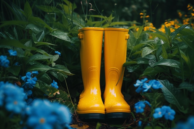 Foto botas de goma amarillas en el jardín con flores.