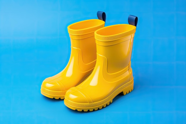 Foto botas de goma en azul sobre amarillo.