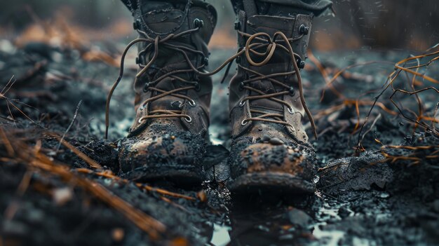 Botas lamacentas permanecem firmes em um terreno arenoso, enfrentando a dura realidade simbolizada pelo arame farpado