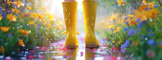 Botas de lluvia amarillas en un campo de flores