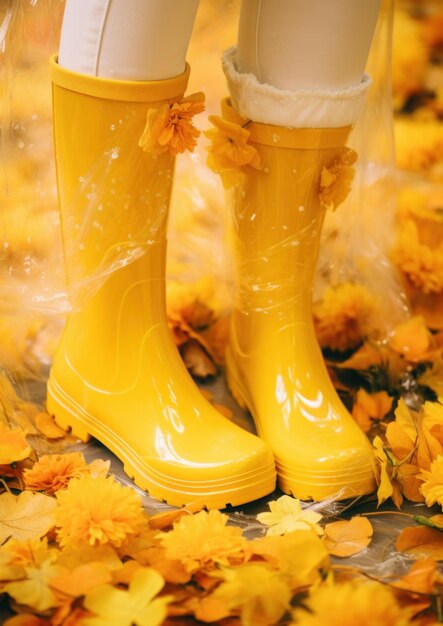 Foto botas de lluvia amarillas con una flor amarilla