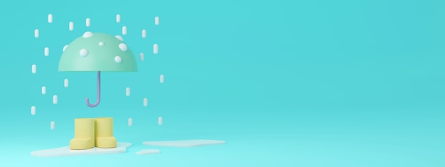 Botas de lluvia de render 3D con paraguas bajo la lluvia sobre fondo azul con espacio de copia para diseño comercial