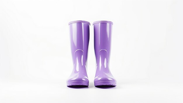 Botas de lluvia violeta aisladas sobre fondo blanco con espacio de copia para publicidad