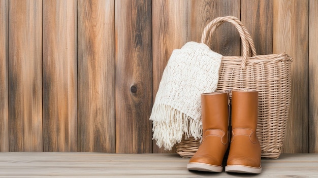 Las botas marrones plegadas y un bolso de mano se exhiben en una superficie de madera junto a una bufanda de estilo vintage que crea una estética cálida y acogedora