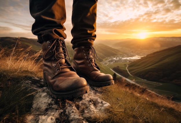 Botas marrons em solas de trator com cadarços nos pés de um alpinista Pessoa não reconhecida vestindo jeans marrons em pé no topo de uma colina alta Close-up Belo vale no pano de fundo Generative AI