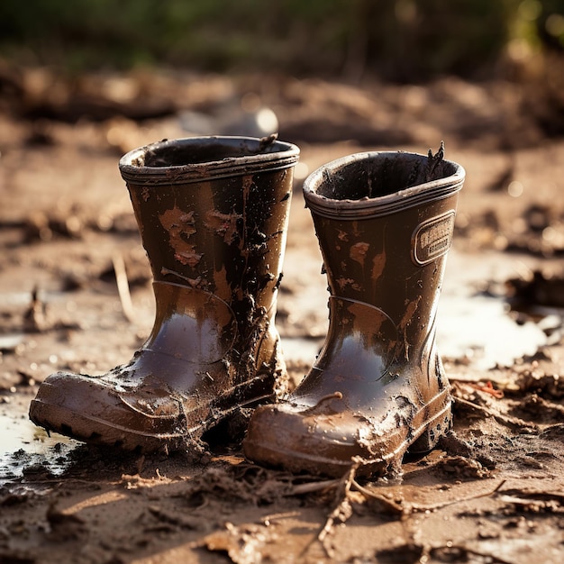 Botas masculinas de borracha velhas e sujas ficam em uma poça de lama Sapatos impermeáveis confortáveis para o dia da bota de borracha