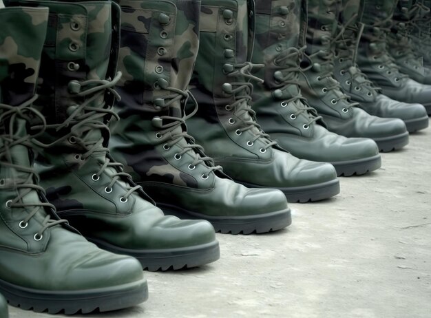 Botas militares en las piernas de soldados en fila Creado con tecnología de IA generativa