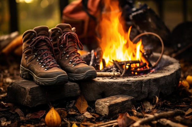 Botas de montaña junto a una fogata en otoño