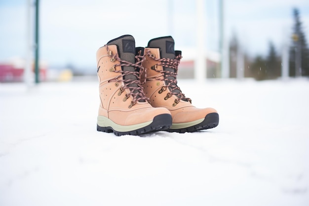 Botas de nieve frente a un telón de fondo nevado