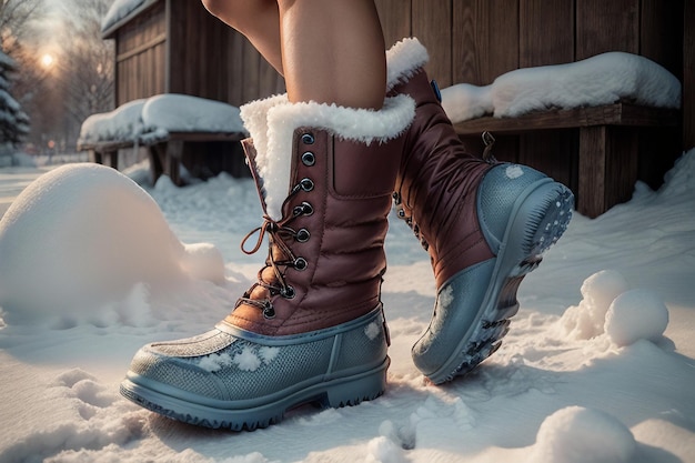 Botas de nieve profunda en nieve gruesa en invierno frío zapatos hermosos para mantenerse calientes