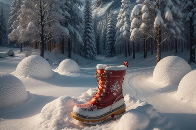 Botas de nieve profunda sobre nieve espesa en el frío invierno hermosos zapatos para mantener el calor